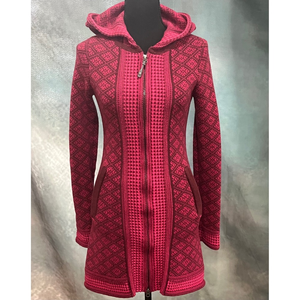 Athleta Pink Burgundy Wool Blend‎ Hooded Long Cardigan Sweater XXS